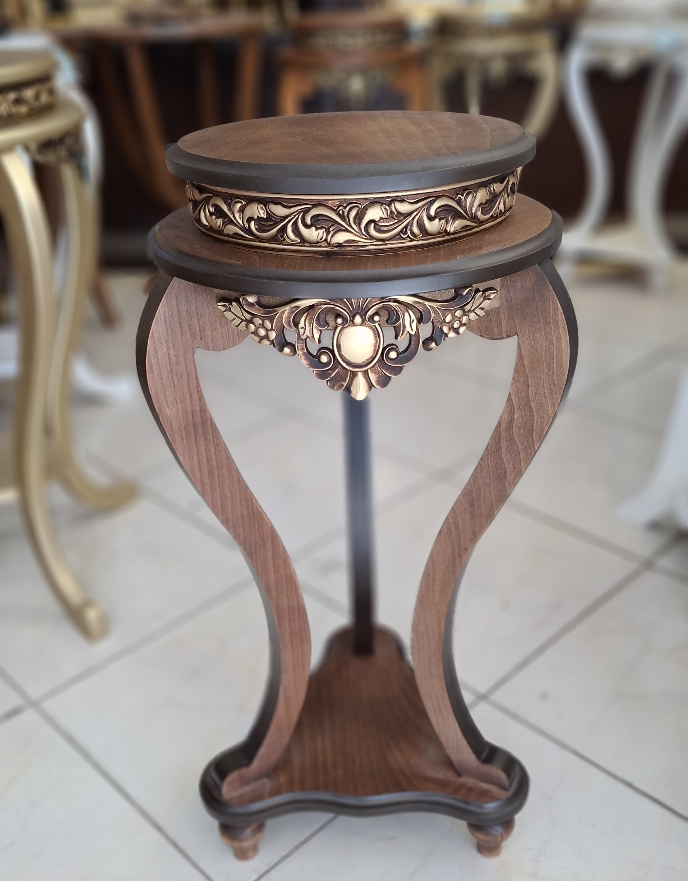 میز تلفن گرد چوبی _ میز تلفن _ میز تلفن قهوه ای