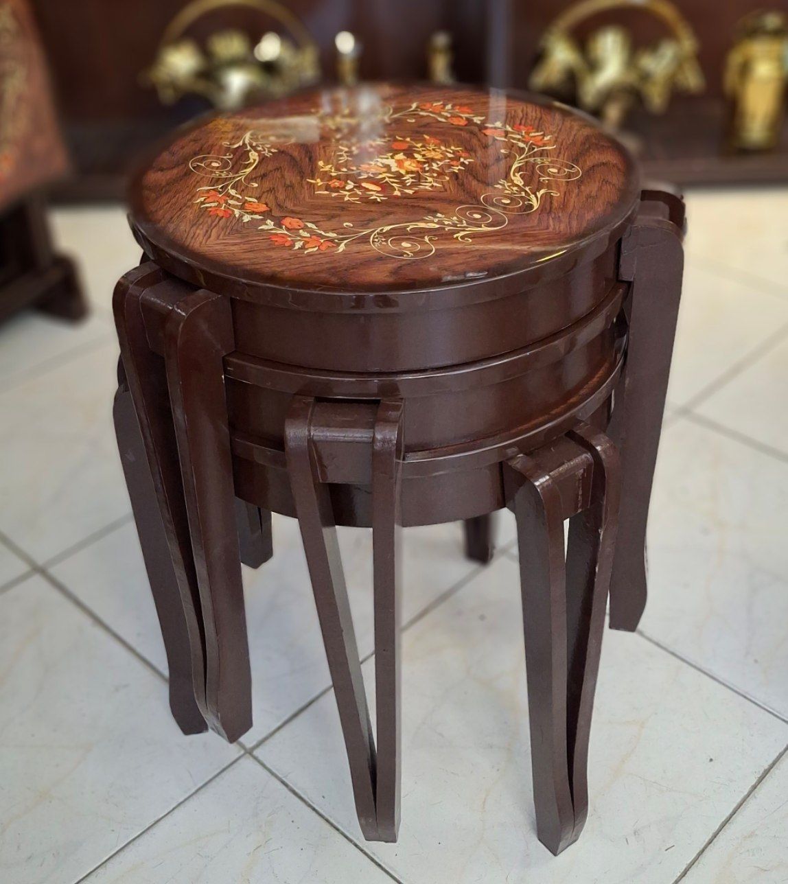 میز عسلی سه تکه چوبی پولیشی قهوه ای